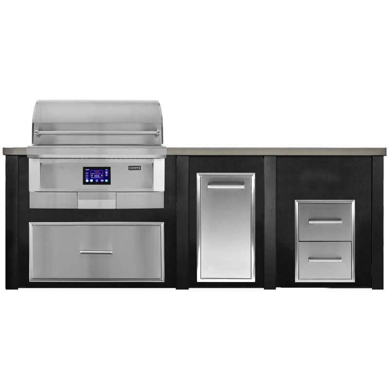 Haven 8 Ft. Outdoor Kitchen Island | Coyote Pellet Grill, Storage Drawer, Trash Drawer, & Double Drawer