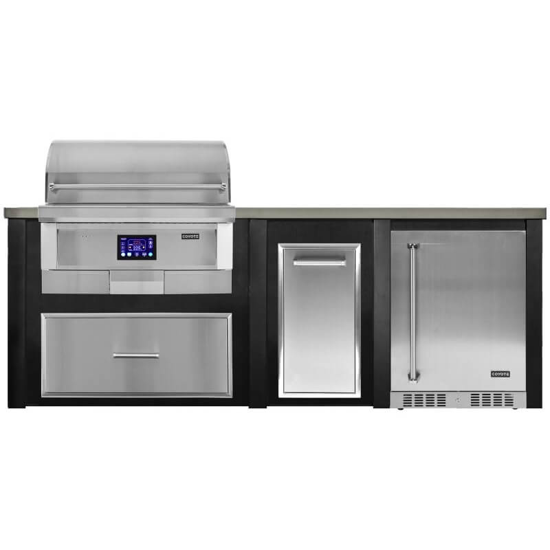 Haven 8 Ft. Outdoor Kitchen Island | Pellet Grill, Storage Drawer, Trash Drawer, & Coyote Fridge Right Side Hinge