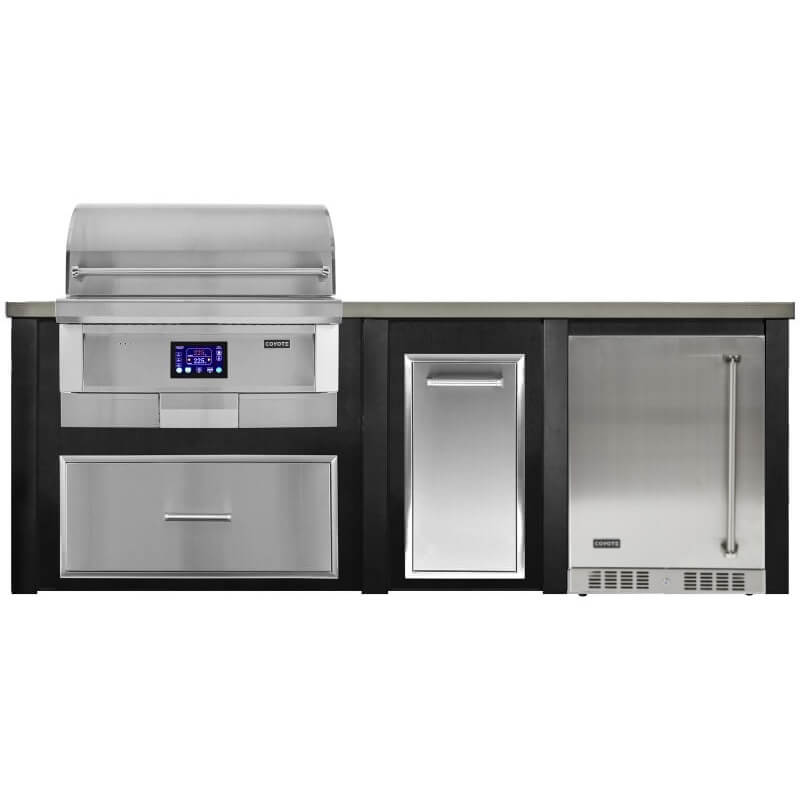 Haven 8 Ft. Outdoor Kitchen Island | Pellet Grill, Storage Drawer, Trash Drawer, & Coyote Fridge Left Side Hinge