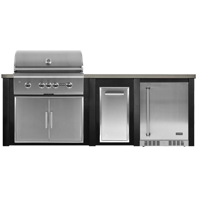 Haven 8 Ft. Outdoor Kitchen | Coyote S-Series, Double Doors, Trash, Coyote Right Hinged Fridge