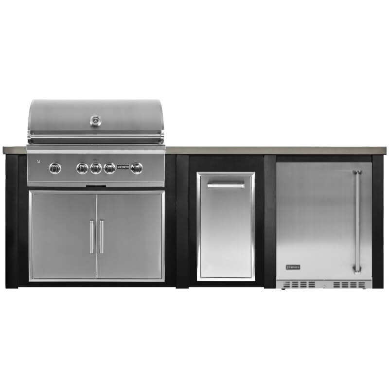 Haven 8 Ft. Outdoor Kitchen | Coyote S-Series, Double Doors, Trash, Coyote Left Hinged Fridge