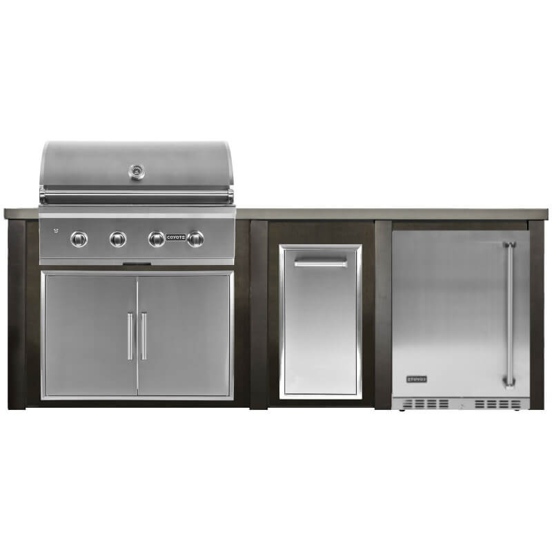 Haven 8 Ft. Outdoor Kitchen | Coyote C-Series, Double Door, Trash Drawer, Coyote Left Hinged Fridge