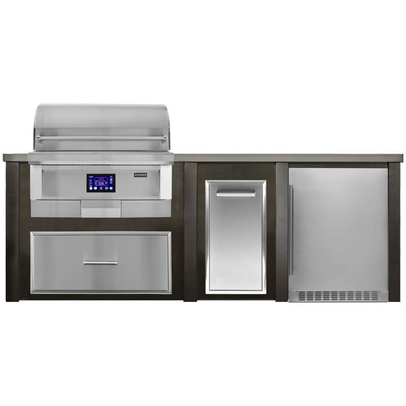 Haven 8 Ft. Outdoor Kitchen Island | Coyote Pellet Grill, Storage Drawer, Trash Drawer, Azure Reversible Fridge