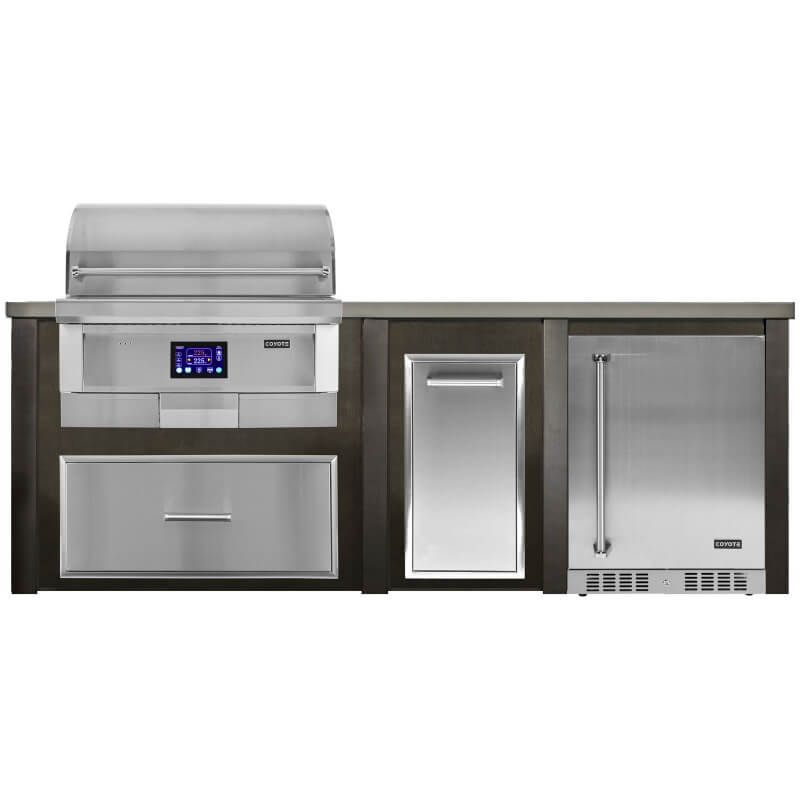 Haven 8 Ft. Outdoor Kitchen Island | Coyote Pellet Grill, Storage Drawer, Trash Drawer, Coyote Right Hinged Fridge