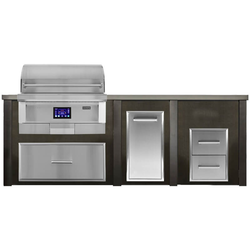 Haven 8 Ft. Outdoor Kitchen Island | Coyote Pellet Grill, Storage Drawer, Trash Drawer, & Double Drawer