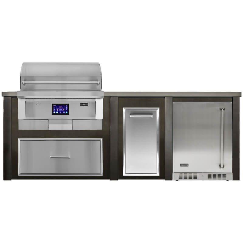 Haven 8 Ft. Outdoor Kitchen Island | Coyote Pellet Grill, Storage Drawer, Trash Drawer, Coyote Left Hinged Fridge