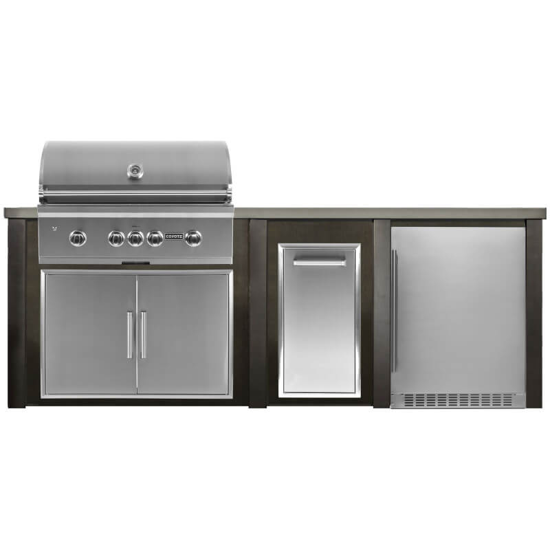 Haven 8 Ft. Outdoor Kitchen | Coyote S-Series, Double Door, Trash Drawer, Azure Reversible Fridge