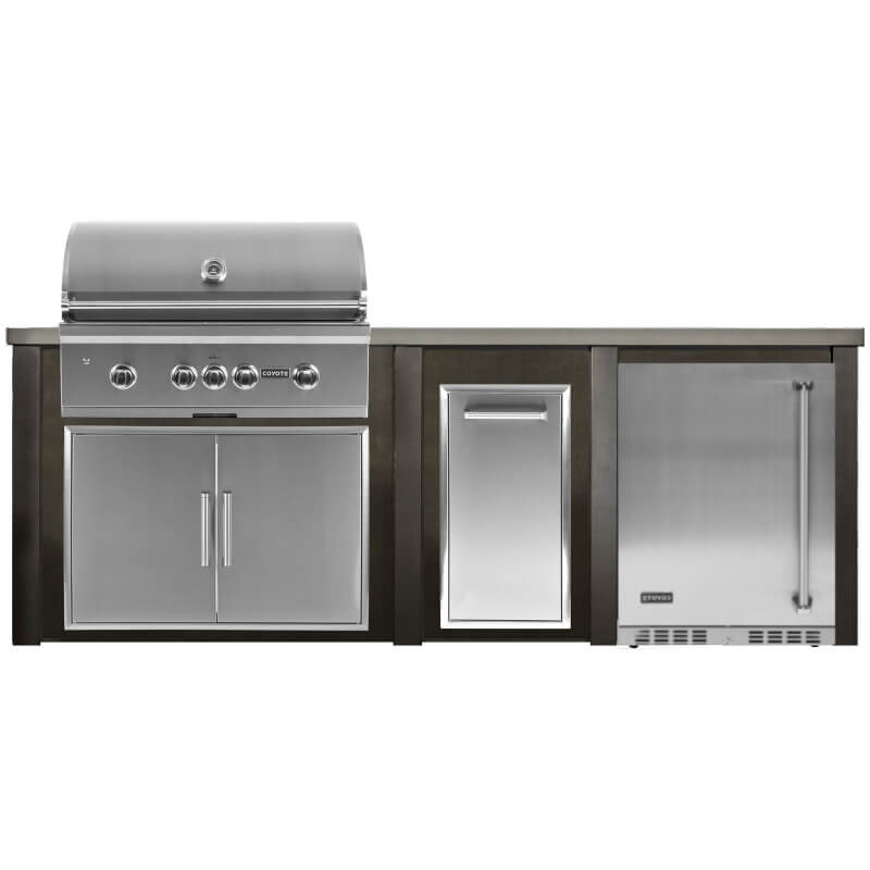 Haven 8 Ft. Outdoor Kitchen | Coyote S-Series, Double Door, Trash Drawer, Coyote Left Hinged Fridge