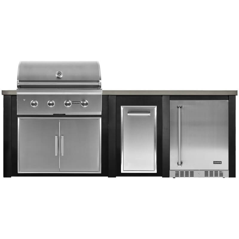 Haven 8 Ft. Outdoor Kitchen | Coyote C-Series, Double Doors, Trash, Coyote Right Hinged Fridge