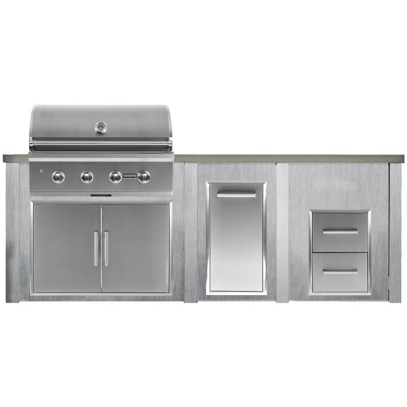 Haven 8 Ft. Outdoor Kitchen Island | Coyote C-Series, Double Door, Trash Drawer, Double Drawer