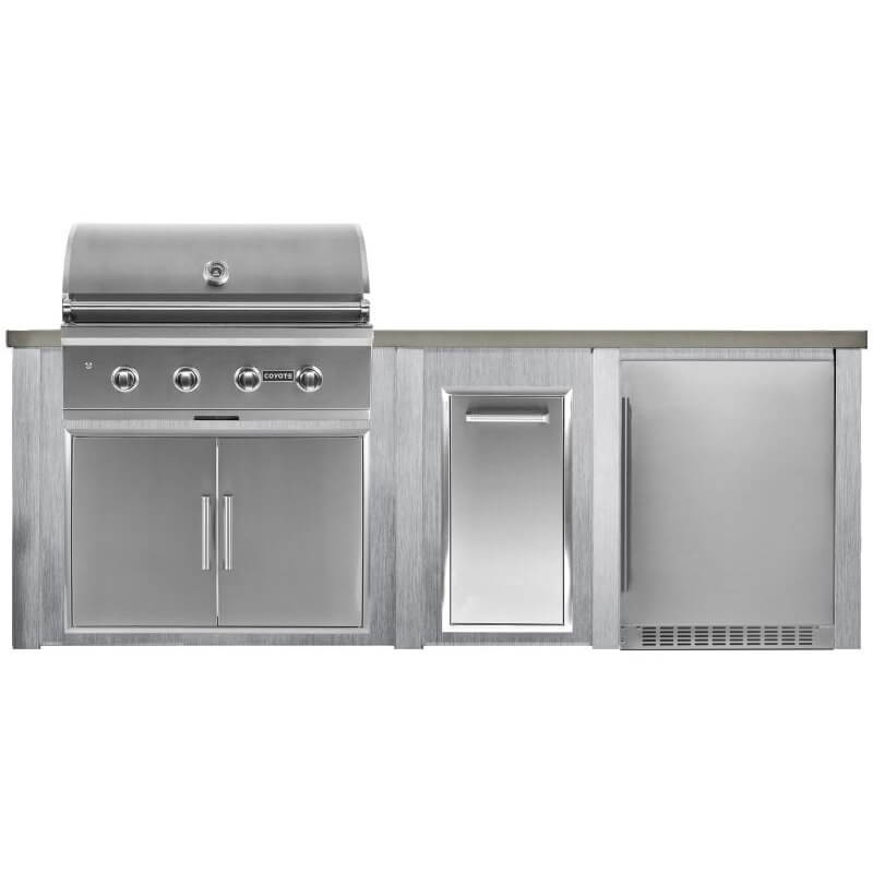 Haven 8 Ft. Outdoor Kitchen | Coyote C-Series, Double Doors, Trash, Coyote Azure Fridge