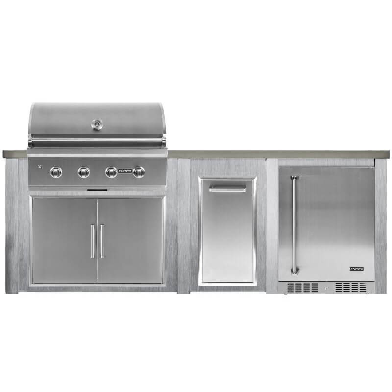 Haven 8 Ft. Outdoor Kitchen | Coyote C-Series, Double Doors, Trash, Coyote Right Hinged Fridge