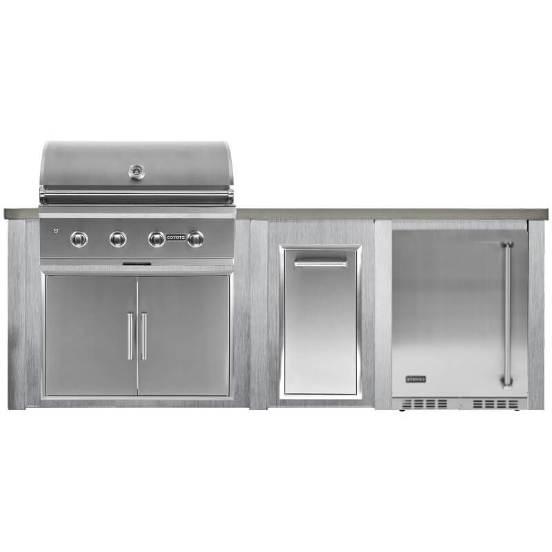 Haven 8 Ft. Outdoor Kitchen | Coyote C-Series, Double Doors, Trash, Coyote Left  Hinged Fridge