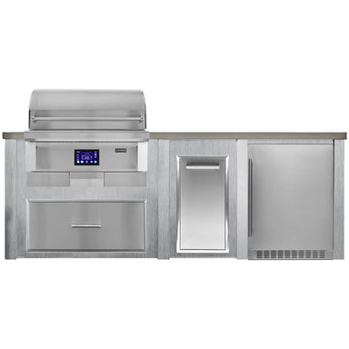 Haven 8 Ft. Outdoor Kitchen Island | Pellet Grill, Storage Drawer, Trash Drawer, Reversible Azure Fridge