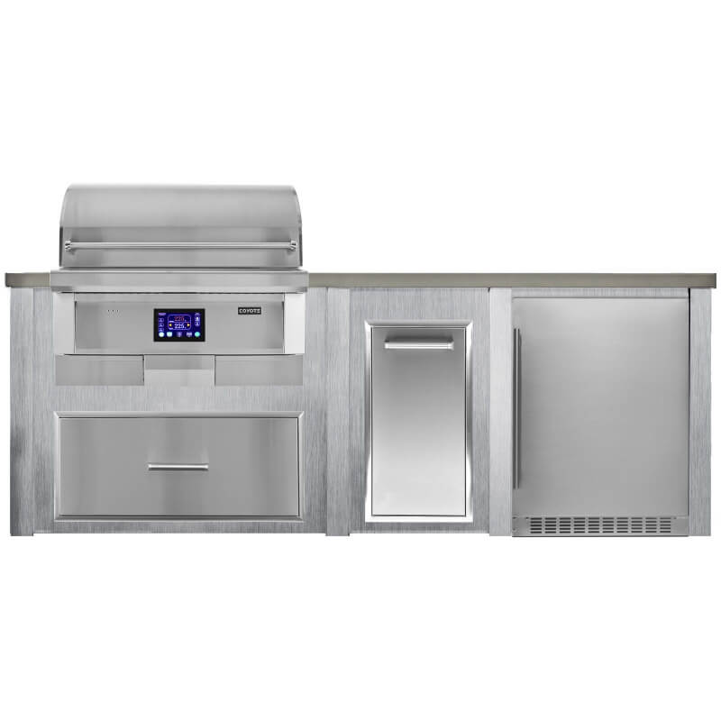 Haven 8 Ft. Outdoor Kitchen Island | Pellet Grill, Storage Drawer, Trash Drawer, Reversible Azure Fridge