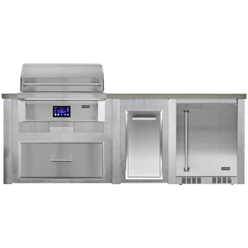 Haven 8 Ft. Outdoor Kitchen Island | Pellet Grill, Storage Drawer, Trash Drawer, Right Hinged Coyote Fridge 