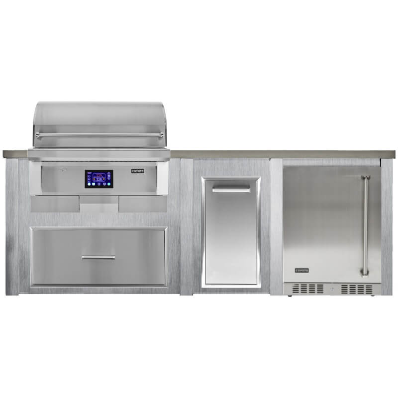 Haven 8 Ft. Outdoor Kitchen Island | Pellet Grill, Storage Drawer, Trash Drawer, Left Hinged Coyote Fridge 