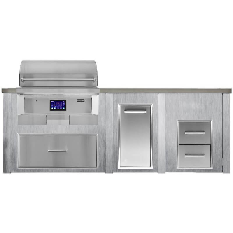 Haven 8 Ft. Outdoor Kitchen Island | Coyote Pellet Grill, Storage Drawer, Trash Drawer, & Double Drawer