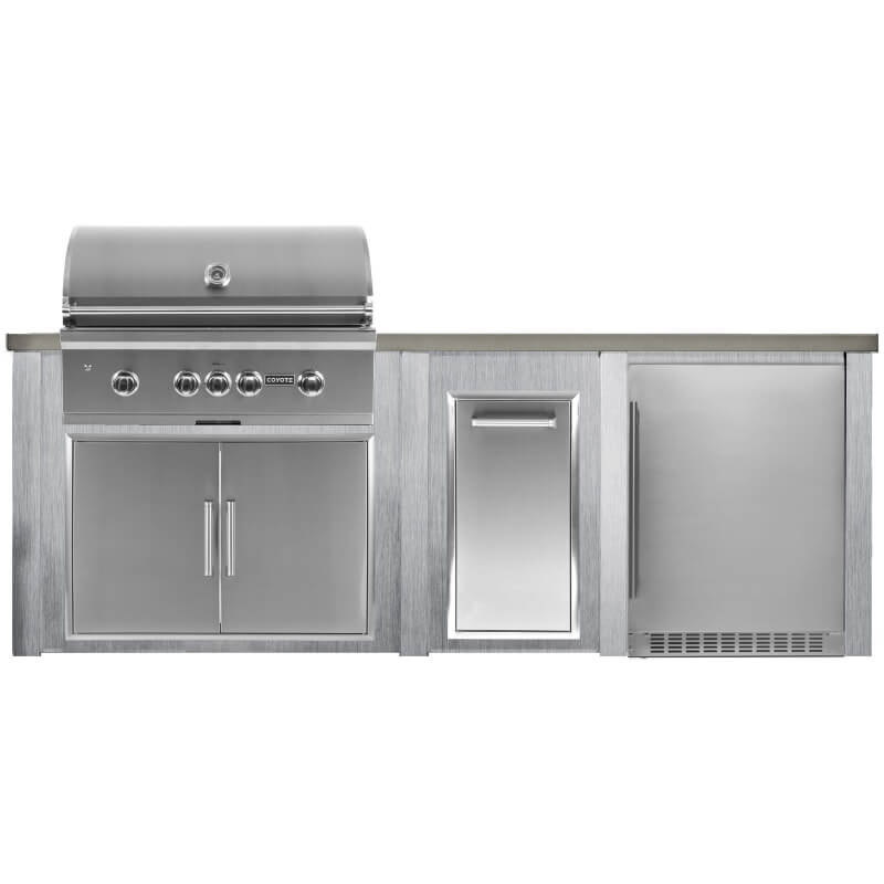 Haven 8 Ft. Outdoor Kitchen | Coyote S-Series, Double Doors, Trash, Azure Reversible Fridge
