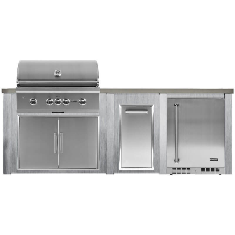 Haven 8 Ft. Outdoor Kitchen | Coyote S-Series, Double Doors, Trash, Coyote Right Hinged Fridge