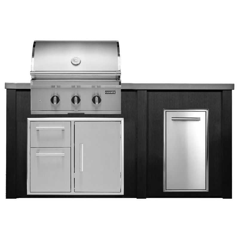 Haven 6 Ft. Marine Armour Outdoor Kitchen Island w/ Coyote C-Series 30-Inch Grill, 31" Door Drawer Combo & Trash Center - Brushed Black