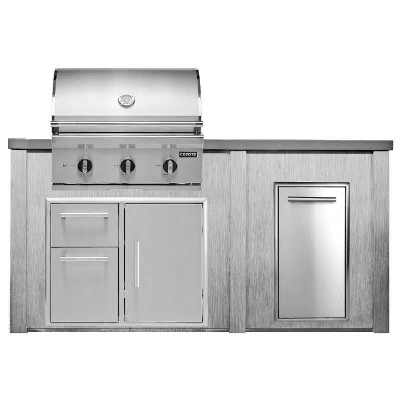 Haven 6 Ft. Outdoor Kitchen Island w/ Coyote C-Series 30-Inch Grill, 31" Door Drawer Combo & Trash Center - Harbor Gray