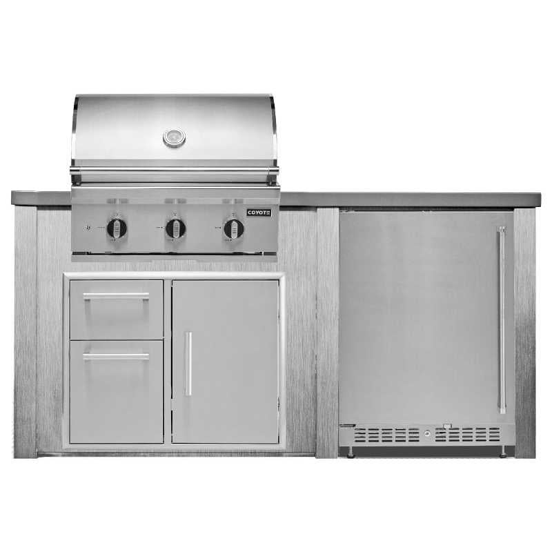 Haven 6 Ft. Outdoor Kitchen Island w/ Coyote C-Series 30-Inch Grill, Door Double Drawer Combo & 24" Refrigerator - Harbor Gray