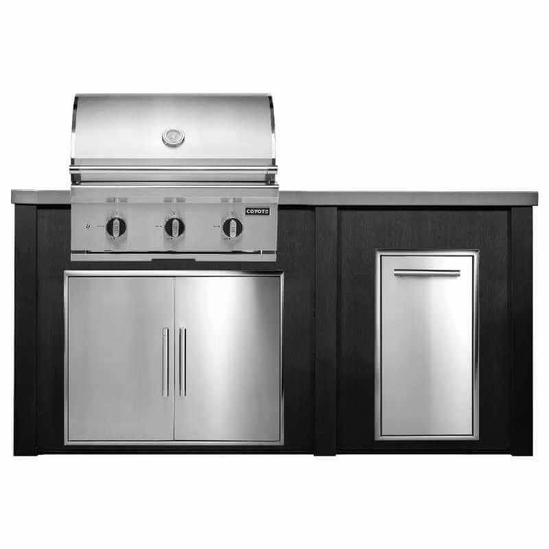 Haven 6 Ft. Outdoor Kitchen Island w/ Coyote 30-Inch Gas Grill, 31-Inch Double Door, & Trash Center - Brushed Black