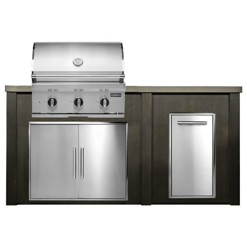 Haven 6 Ft. Outdoor Kitchen Island w/ Coyote 30-Inch Gas Grill, 31-Inch Double Door, & Trash Center - Antique Bronze