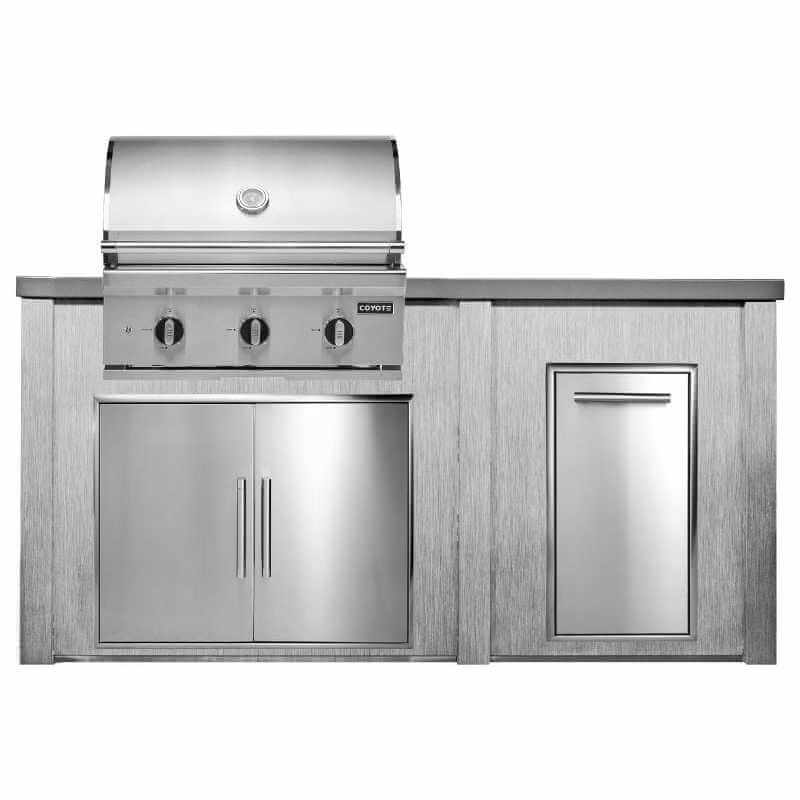 Haven 6 Ft. Outdoor Kitchen Island w/ Coyote 30-Inch Gas Grill, 31-Inch Double Door, & Trash Center - Harbor Gray