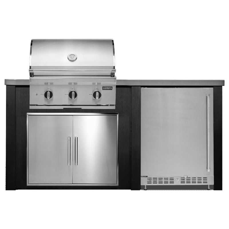 Haven 6 Ft. Outdoor Kitchen Island w/ Coyote C-Series 30-Inch Grill, Double Access Door & 24" Refrigerator - Brushed Black