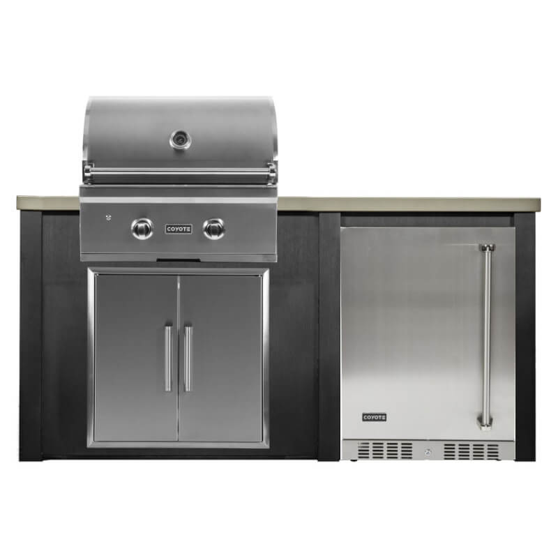 Haven 5.5 Ft. Outdoor Kitchen Island w/ Coyote C-Series 28-Inch Grill, Double Access Door & 24-Inch Refrigerator - Brushed Black | Left Hinge