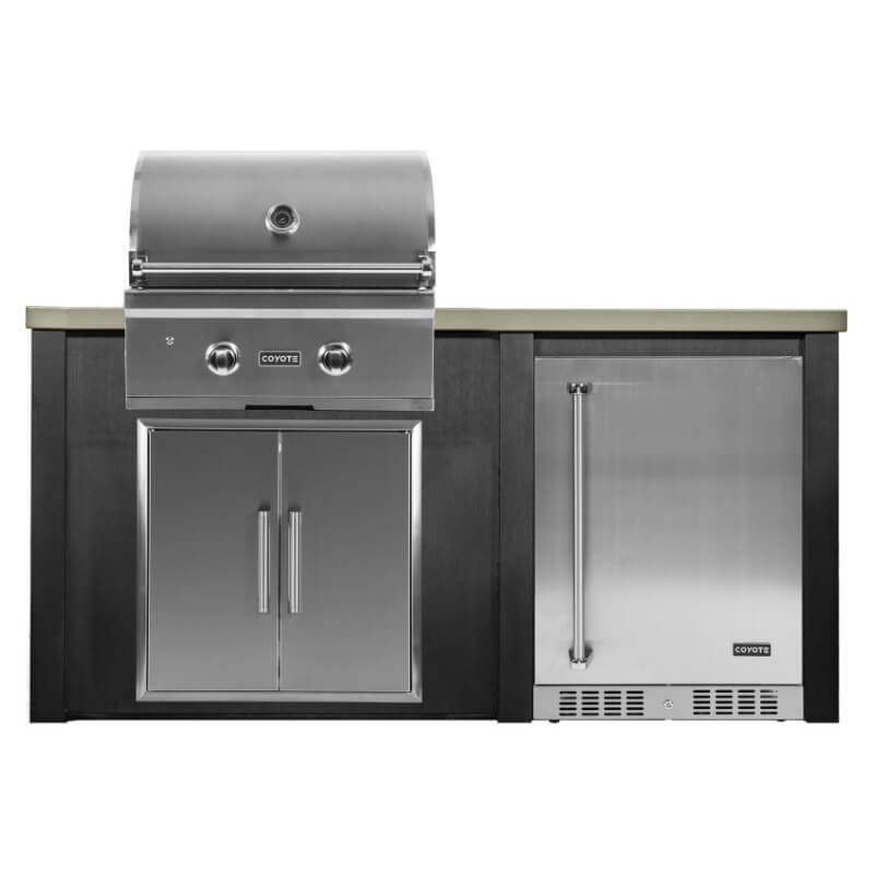 Haven 5.5 Ft. Outdoor Kitchen Island w/ Coyote C-Series 28-Inch Grill, Double Access Door & 24-Inch Refrigerator - Brushed Black