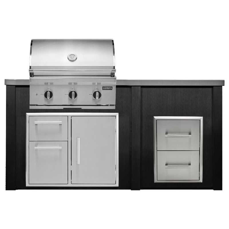 Haven 6 Ft. Outdoor Kitchen Island w/ Coyote C-Series 30-Inch Grill, 31" Dry Pantry & 2 Drawer Cabinet - Brushed Black