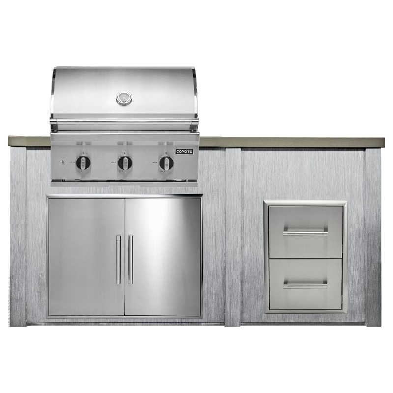 Haven 6 Ft. Outdoor Kitchen Island w/ Coyote C-Series 30-Inch Grill, Double Access Door & 2 Drawer Cabinet - Harbor Gray