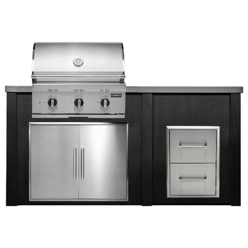 Haven 6 Ft. Outdoor Kitchen Island w/ Coyote C-Series 28-Inch Grill, Double Access Door & 2 Drawer Cabinet - Brushed Black