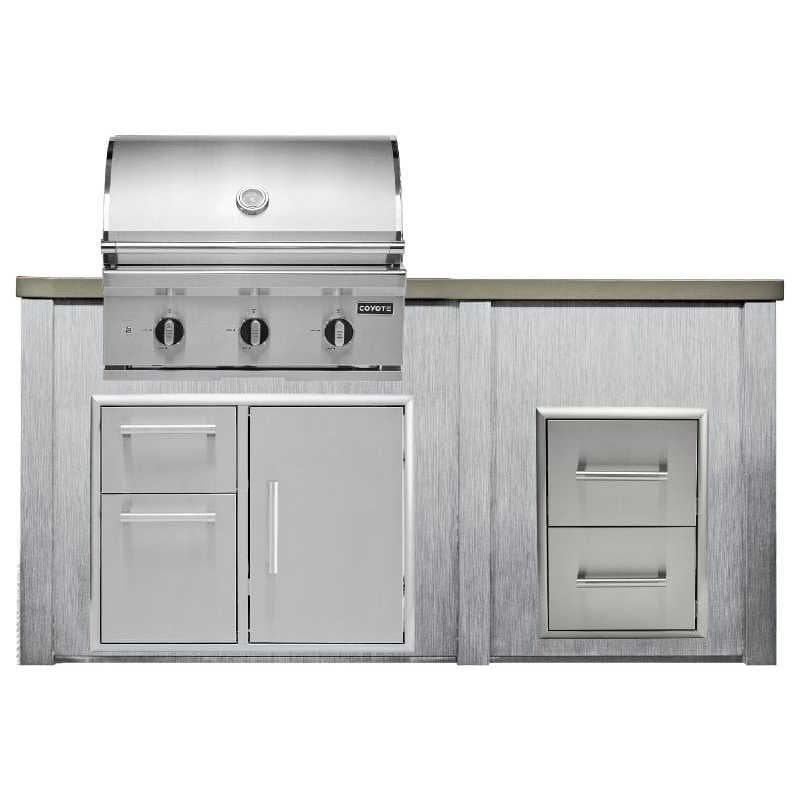 Haven 6 Ft. Outdoor Kitchen Island w/ Coyote C-Series 30-Inch Grill, 31" Dry Pantry & 2 Drawer Cabinet - Harbor Gray