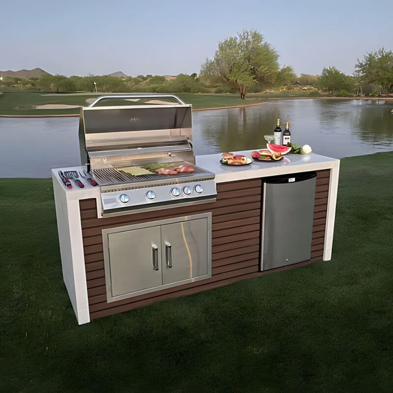 Kokomo Grills Classic Shiplap Outdoor Kitchen with Waterfall Edge | Porcelain Countertop