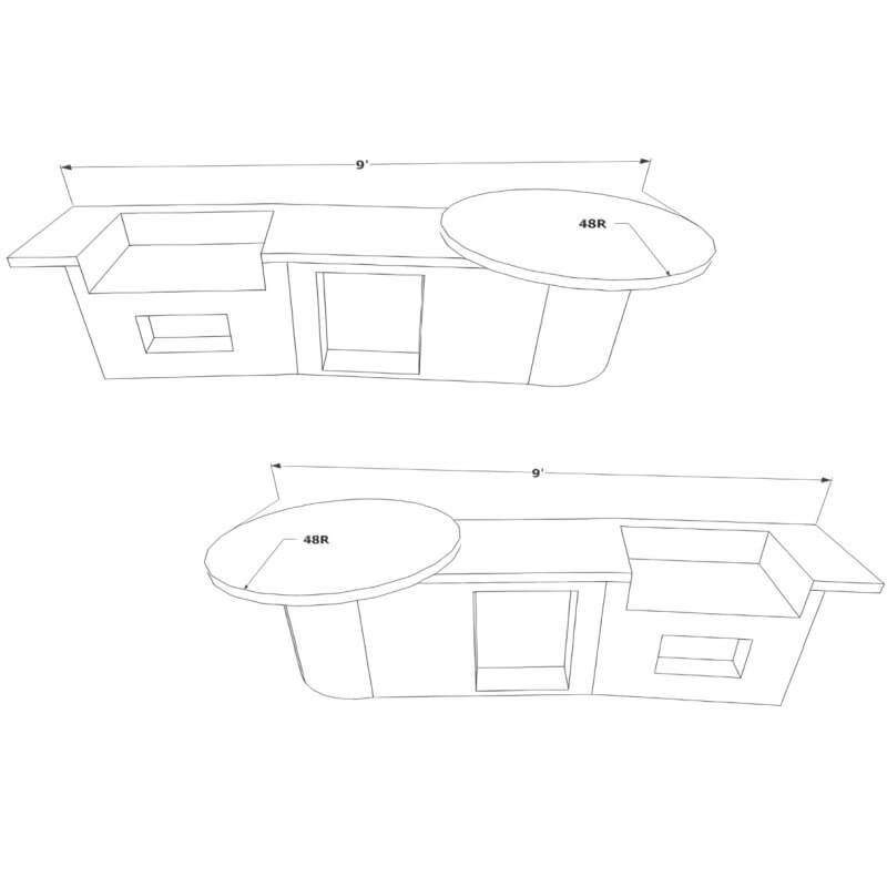 Kokomo Grills Fire 9 Ft BBQ Island with 4 Ft Round Bar | Front View Dimensions