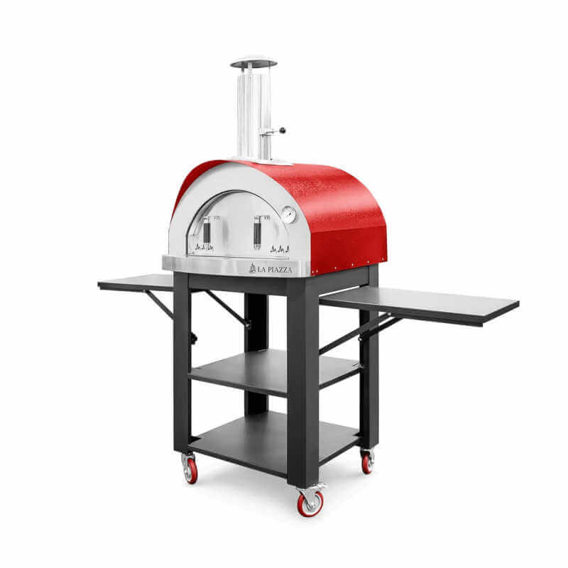 La Piazza Piccolo Red Pizza Oven With Premium Cart | Folding Side Shelves