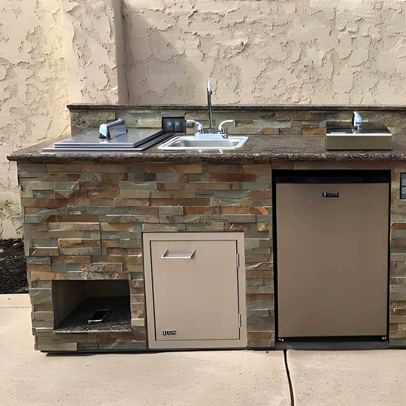 Lion 15 x 15-Inch Outdoor Stainless Steel Sink With Hot/Cold Faucet | Shown in Outdoor Kitchen