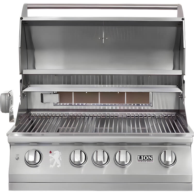 Lion L75000 32-Inch Gas Grill Open Hood View — Stainless Steel Cooking Grates, 4-Burner Configuration, 647 Sq. In.