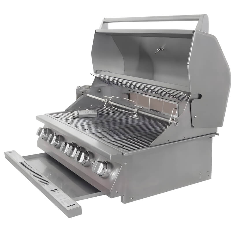 Lion L90000 40-Inch Gas Grill Open Hood View — Premium Stainless Steel Cooking Grates, 5-Burner, 802 Sq. In.