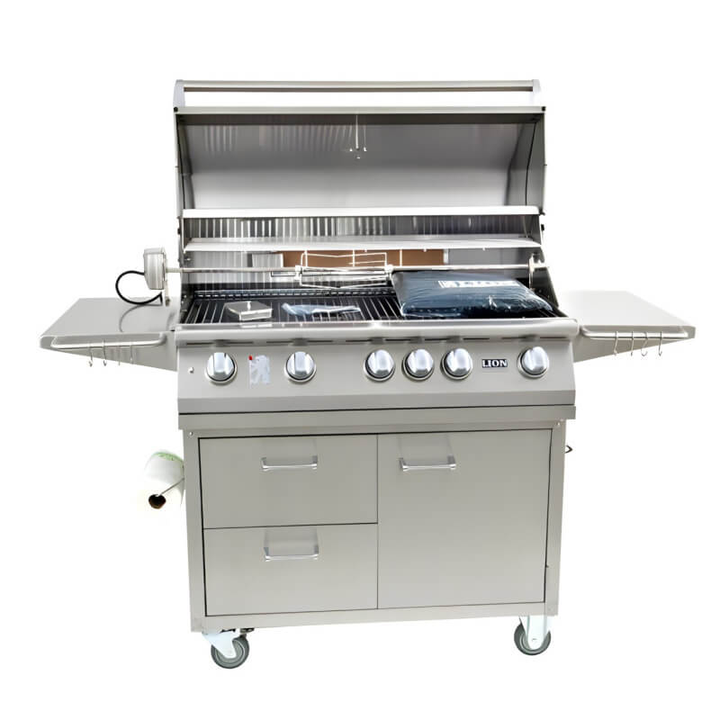 Lion L90000 40-Inch 5-Burner Stainless Steel Freestanding Grill | Grill Cart w/ Caster Wheels