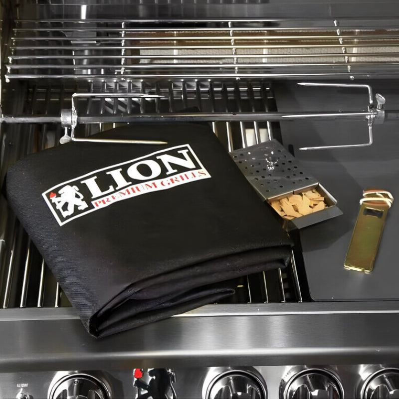 Lion L90000 Gourmet Grilling Package — Rotisserie Kit with Motor, Smoker Box, Griddle Plate, and 40-Inch Grill Cover
