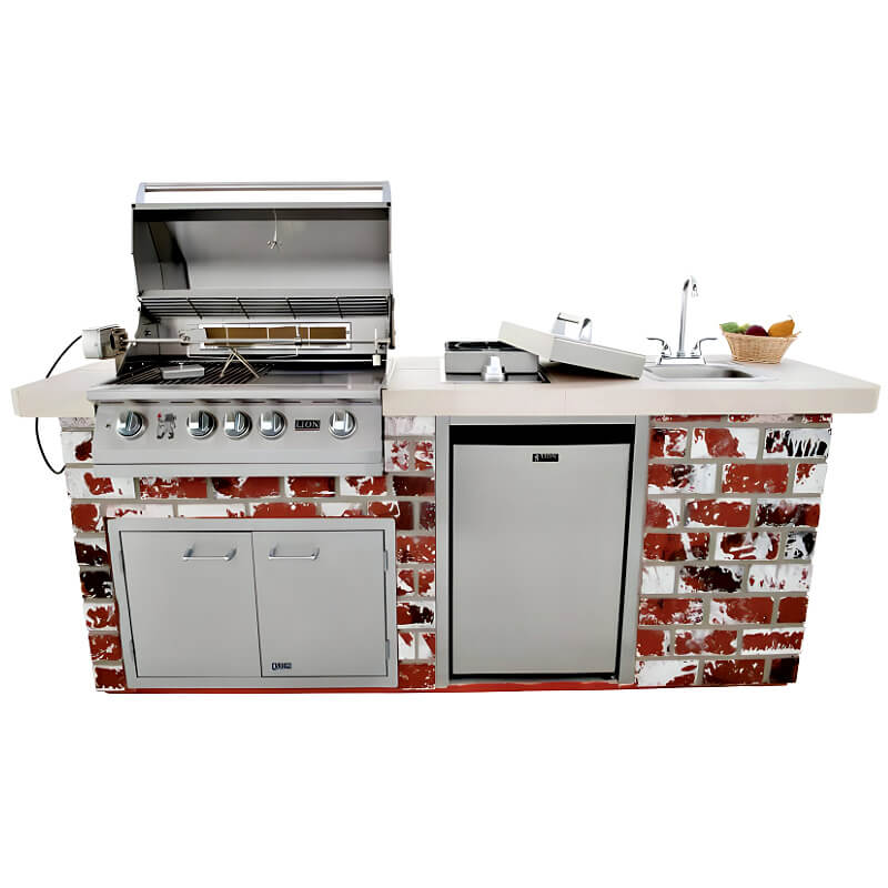 Lion Premium Q BBQ Island: L75000 32-In Grill, Side Burner, Fridge, Sink, Double Drawer, & Double Door