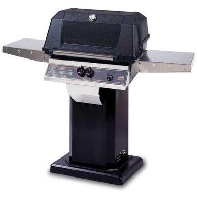 MHP WNK4DD Gas Grill With Stainless Steel Shelves On Black Patio Base