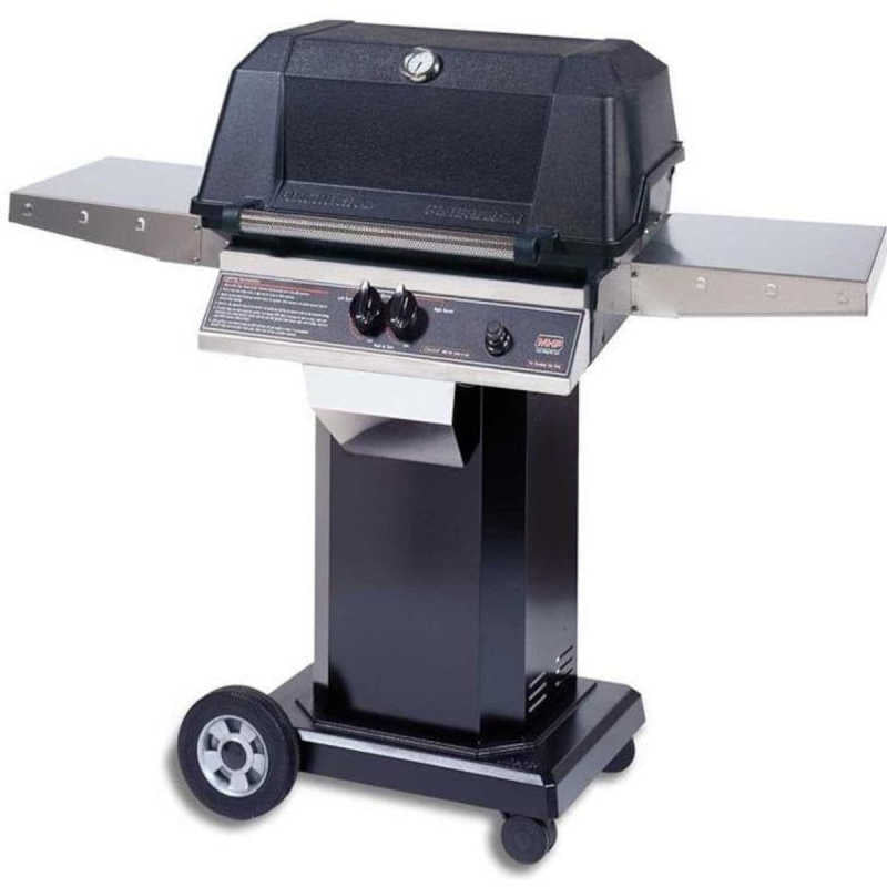 MHP WNK4DD Gas Grill With Stainless Steel Shelves And SearMagic Grids On Black Cart