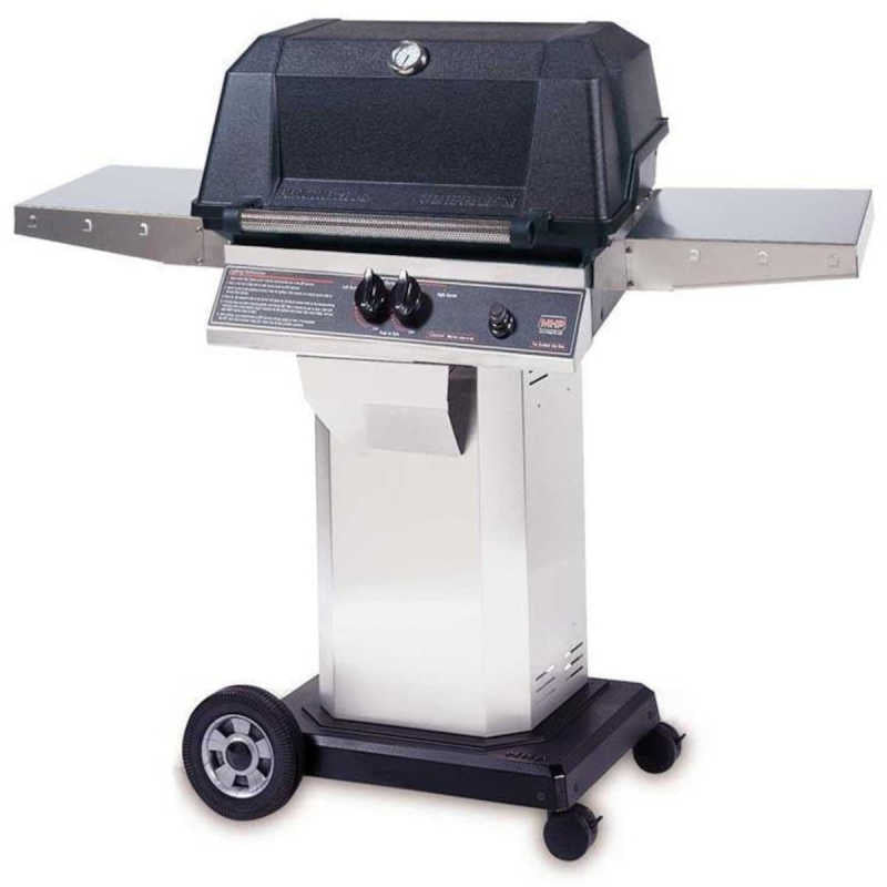 MHP WNK4DD Gas Grill With Stainless Steel Shelves On Stainless Steel Cart