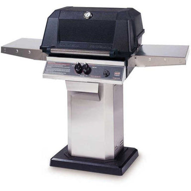MHP WNK4DD Gas Grill With Stainless Steel Shelves And SearMagic Grids On Stainless Patio Base